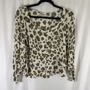 LOFT Blouse Women's Small Beige Green Button Up Long Sleeve Square Neck